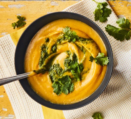 Sweet potato, coconut & lemongrass soup with coriander sambal recipe 