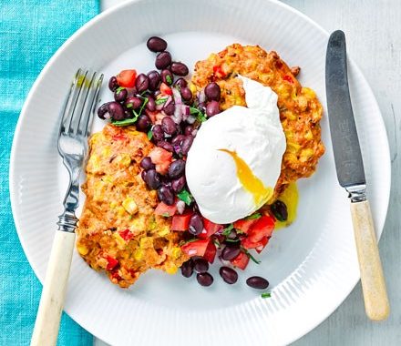 Sweetcorn fritters with eggs & black bean salsa recipe