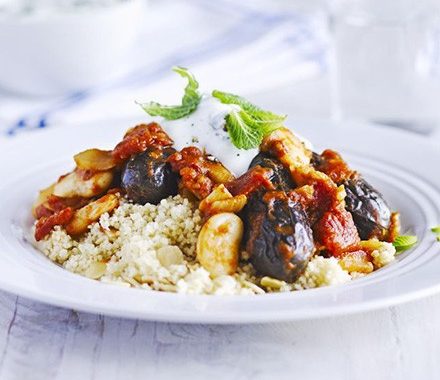 Lemon & mint aubergine tagine with almond couscous recipe