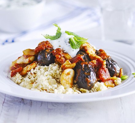 Lemon & mint aubergine tagine with almond couscous recipe 