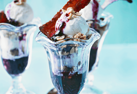 Blueberry sundae with candied bacon recipe