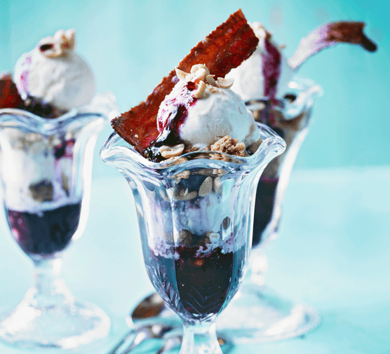 Blueberry sundae with candied bacon recipe 