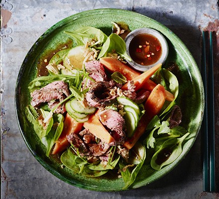 Seared beef & papaya salad with tamarind soy dressing recipe 