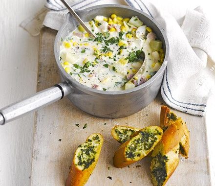 Smoked haddock & sweetcorn chowder with herby garlic bread recipe