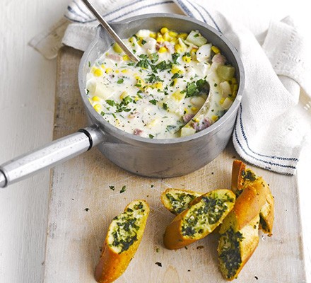 Smoked haddock & sweetcorn chowder with herby garlic bread recipe 