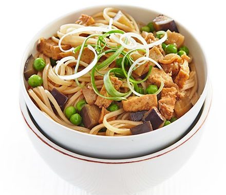 Gingered tofu, aubergine & pea noodles recipe