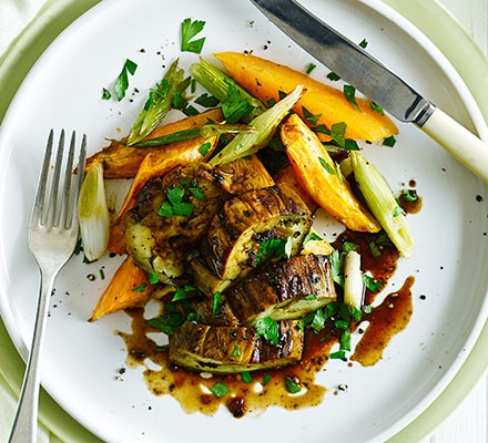 Miso-roasted aubergine steaks with sweet potato recipe 