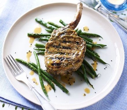 Miso mustard pork chops with sesame green beans recipe