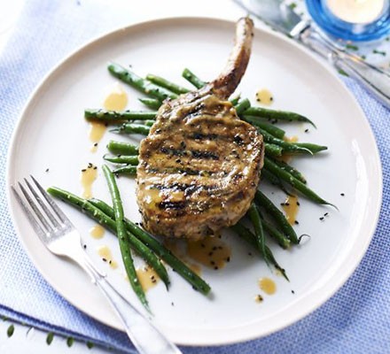 Miso mustard pork chops with sesame green beans recipe 