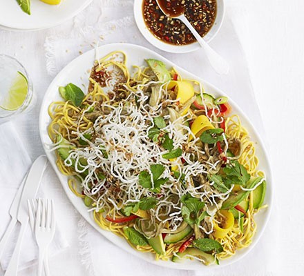 Veggie peanut noodles with coriander omelette ribbons recipe 