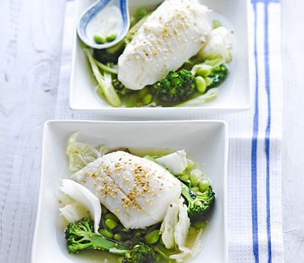 Poached fish with ginger & sesame broth recipe