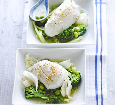 Poached fish with ginger & sesame broth recipe 
