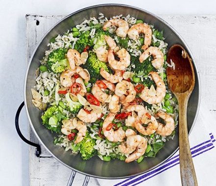 Miso brown rice & broccoli salad with fiery prawns recipe