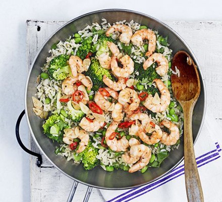 Miso brown rice & broccoli salad with fiery prawns recipe 
