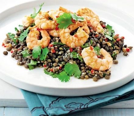 Garlic prawns with puy lentils recipe