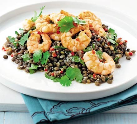 Garlic prawns with puy lentils recipe 