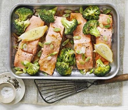 Soy salmon & broccoli traybake recipe