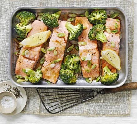 Soy salmon & broccoli traybake recipe 