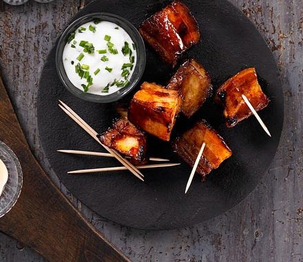 Bourbon-glazed pork belly chunks recipe