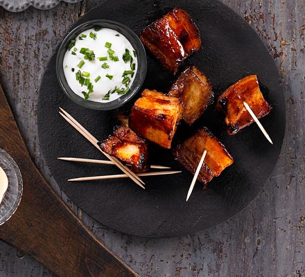 Bourbon-glazed pork belly chunks recipe 