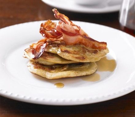 Banana pancakes with crispy bacon & syrup recipe