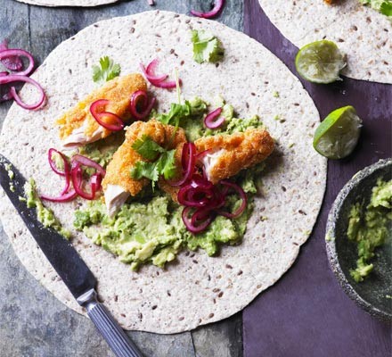 Smashed avocado with crispy chicken, pickled onions & tortillas recipe 