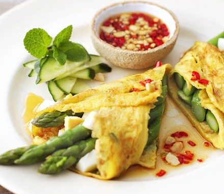 Asparagus coconut crêpes with sweet chilli sauce recipe