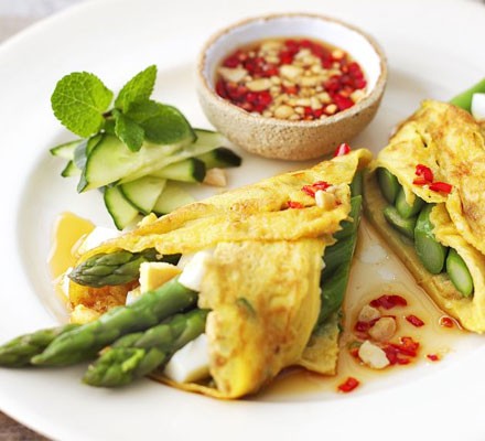 Asparagus coconut crêpes with sweet chilli sauce recipe 