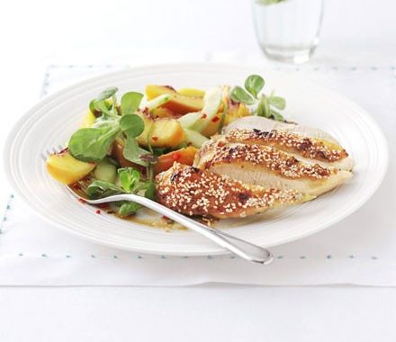 Honeyed sesame chicken with peach & cucumber salad recipe