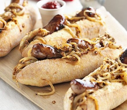 Maple-glazed hot dogs with mustardy onions  recipe