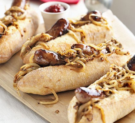 Maple-glazed hot dogs with mustardy onions  recipe 