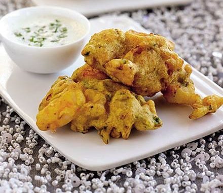 Prawn, mango & spring onion pakoras recipe