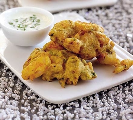 Prawn, mango & spring onion pakoras recipe 