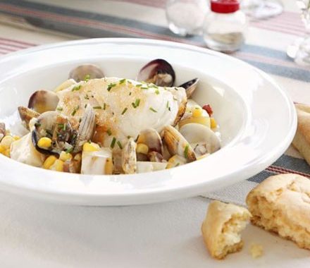 Seared cod with chowder sauce recipe