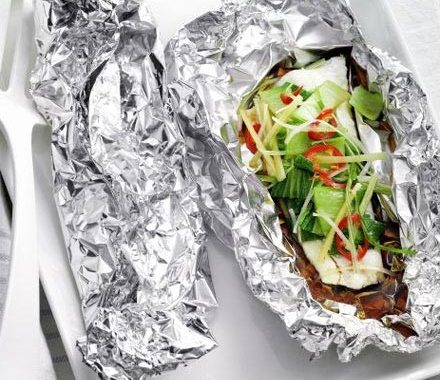 Steamed fish & pak choi parcels recipe