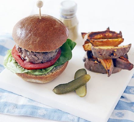 Beef burger with sweet potato chilli chips recipe 