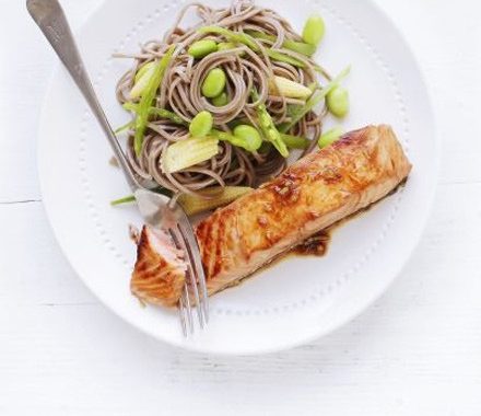 Soy & ginger salmon with soba noodles recipe