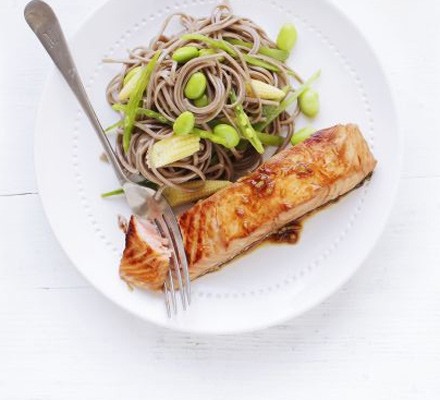 Soy & ginger salmon with soba noodles recipe 