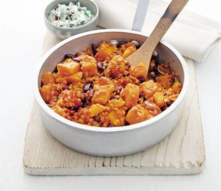 Squash, lentil & bean one-pot with fig raita recipe