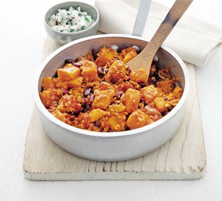 Squash, lentil & bean one-pot with fig raita recipe 