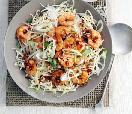 Garlic chilli prawns with sesame noodles recipe