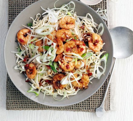 Garlic chilli prawns with sesame noodles recipe 