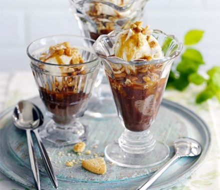 Nutty caramel & choc sundaes recipe