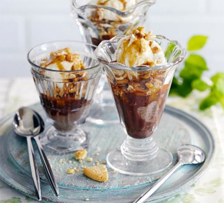 Nutty caramel & choc sundaes recipe 