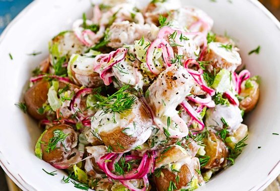 Red & white potato salad with pickled onions recipe