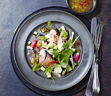 Barbecued soy pork salad with gooseberry dressing recipe