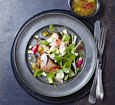 Barbecued soy pork salad with gooseberry dressing recipe 