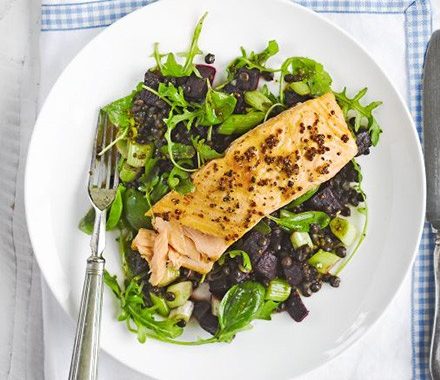 Honey mustard grilled salmon with puy lentils recipe