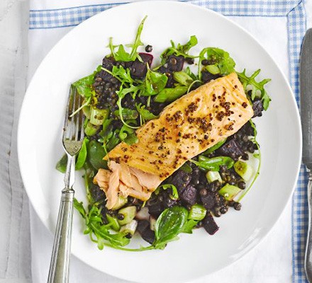Honey mustard grilled salmon with puy lentils recipe 