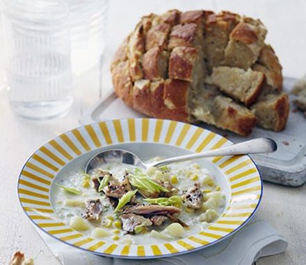 Smoked mackerel chowder with hedgehog garlic bread recipe